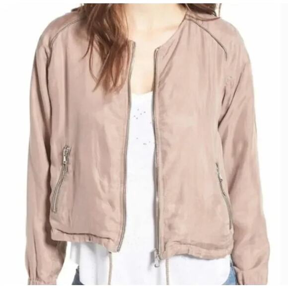 Blank NYC Reversible Bomber Jacket Taupe White Lyocell Zip Pockets M - Picture 1 of 9